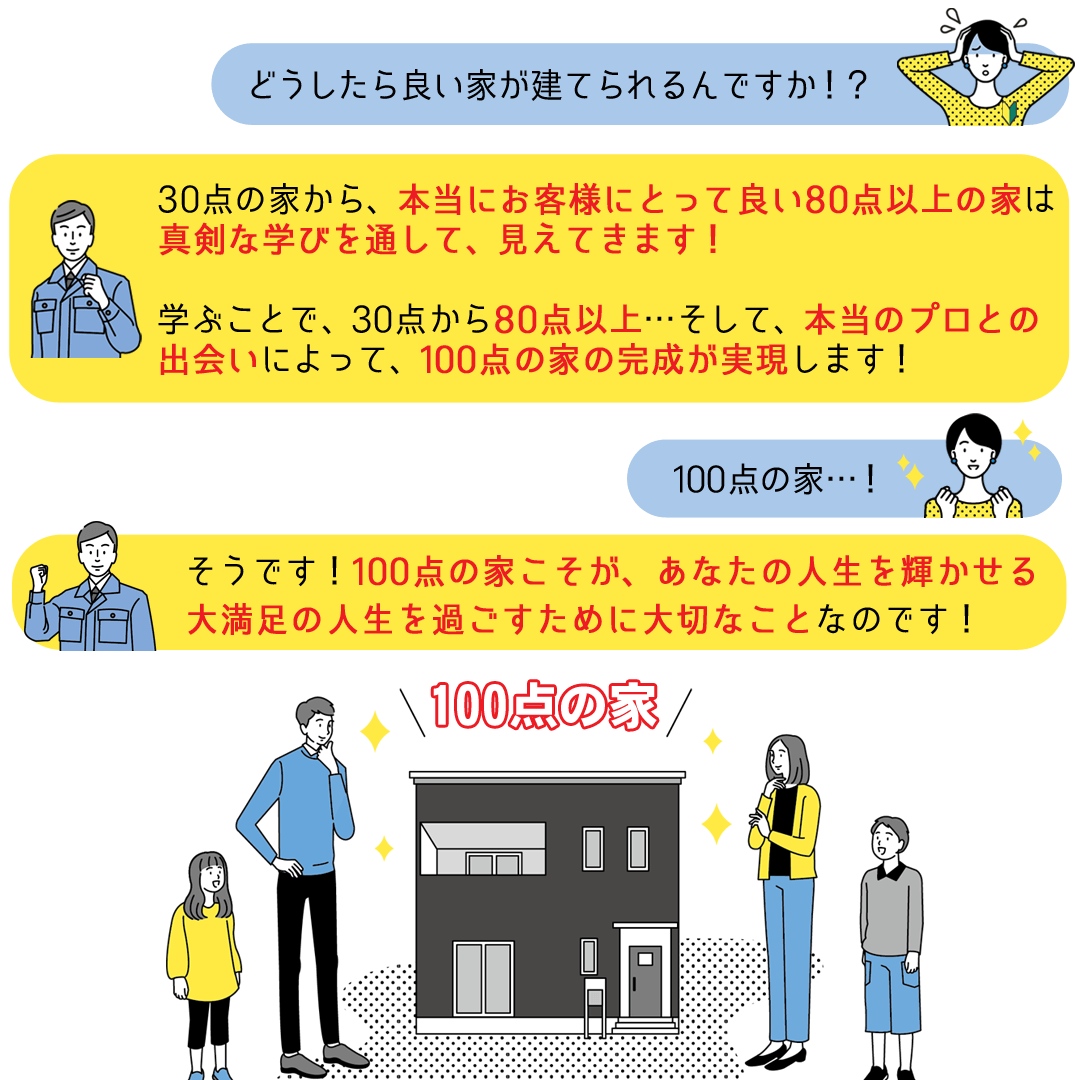 「100点の家こそが、あなたの人生を輝かせる大満足の人生を過ごすために大切なことなのです！」